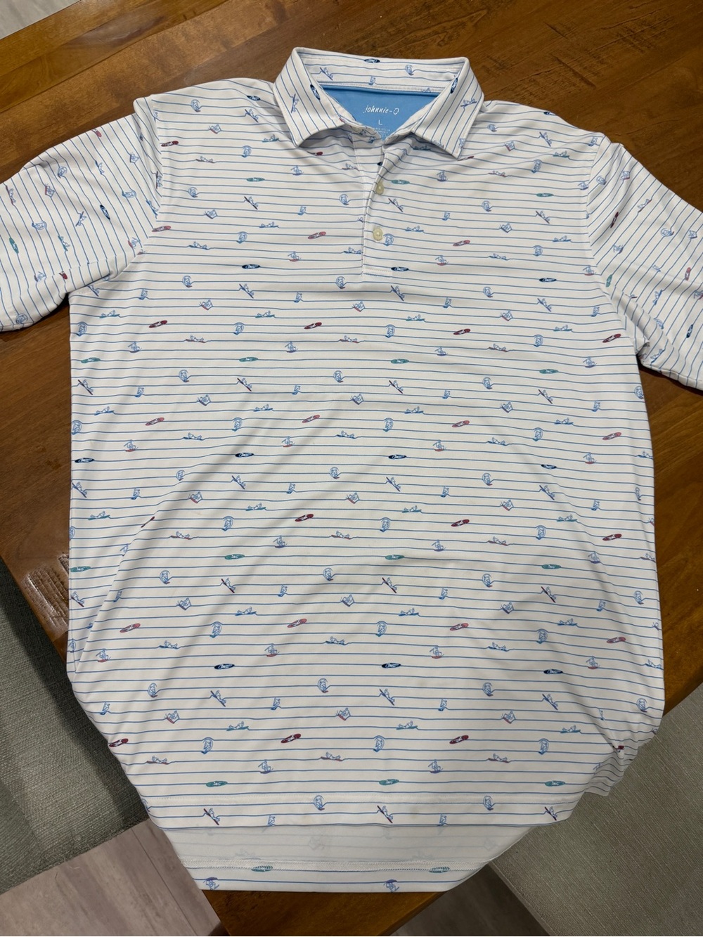 johnnie-O White & Blue Striped Polo Shirt with Surf Print Large